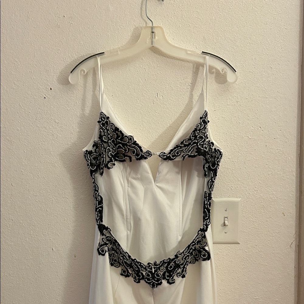 White Slip Dress with Black Lace Appliqué - Picture 3 of 3